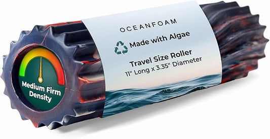 Oceanfoam Ripple Travel Foam Roller (11" x 3.35") Firm Mini Foam Roller for Physical Therapy, Deep Tissue Massage, Back Pain - High Density, Wave Textured - Yoga (Red, Dark Navy & Natural Marbled)