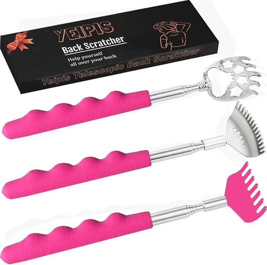 3 Pack Different Back Scratcher Metal Portable Telescoping Back scratchers with Rubber Handles, Extendable Back Massager Tool, Great Stocking Stuffers for Men Women Kids Adults（Pink）