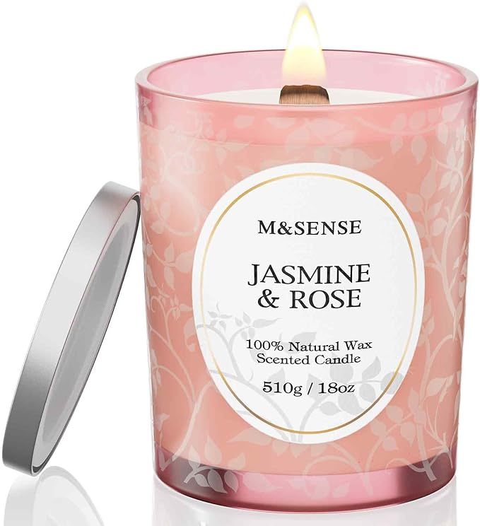 M&SENSE Jasmine Rose Candle, Cracking Wooden Wick Soy Wax, 18oz 100 Hours Long Lasting Clean Burn, Large Jar Candles for Home Scented, Non-Toxic Relaxing Aromatherapy Gifts for Women