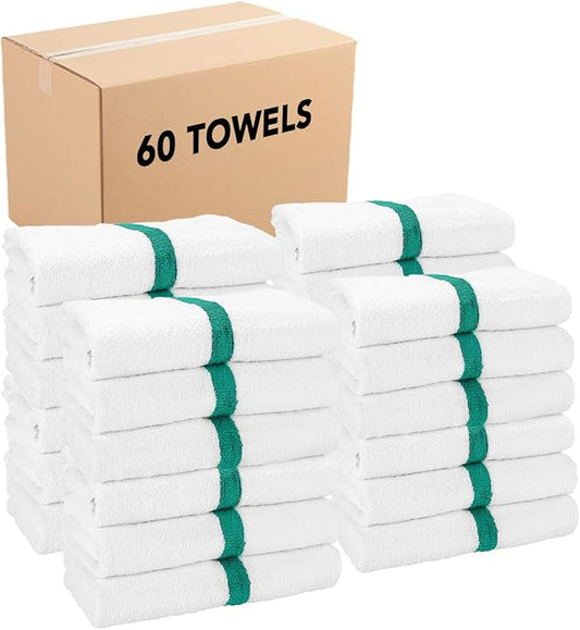 Arkwright White Bath Gym Towel - Case of 60 - Bulk 100% Cotton Soft Quick Dry Sweat Absorbent Hotel Quality Towels for Workout, Bathroom, Spa, Pool, 22 x 44 in, Green