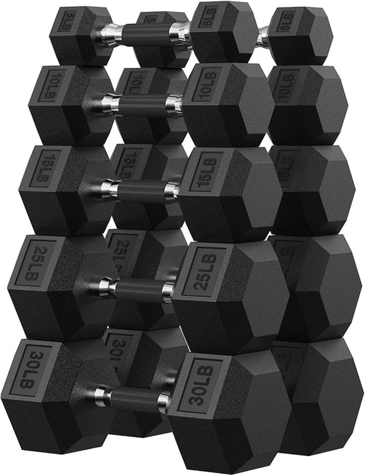 Hex Rubber Dumbbell Set, Non-Slip Handle Design for Secure & Comfortable Grip, Hand Weights for Strength Training and Home Gym / 170 LB (Pair of 5, 10, 15, 25, 30 lb)