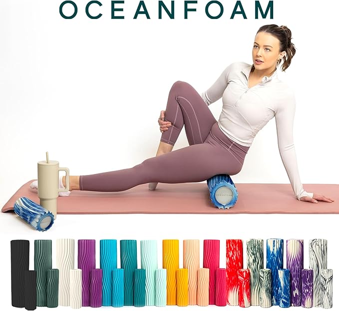 Oceanfoam Ripple Travel Foam Roller (11" x 3.35") Firm Mini Foam Roller for Physical Therapy, Deep Tissue Massage, Back Pain - High Density, Ergonomic Wave Textured - Yoga, Exercise (Royal Marbled)
