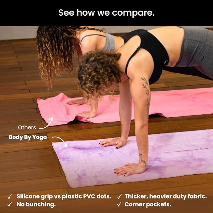Yoga Grip Yoga Towel - Non Slip Hot Yoga Mat Towel With Corner Pockets, No-Skid Grip, and Built-in Alignment Lines | Soft, Moisture Wicking, and Sweat Absorbent | No Bunching, Stays in Place 72" x 25"