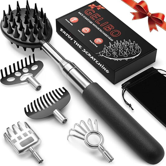 Gelibo Telescoping Back Scratcher with 5Pcs Detachable Heads,Stocking Stuffers for Men Birthday Christmas White Elephant Gifts for Adults, Mens Gifts, Extendable Back Massager Tool with Beautiful Box