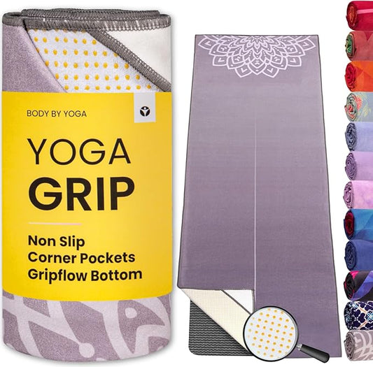 Yoga Grip Yoga Towel - Non Slip Hot Yoga Mat Towel With Corner Pockets, No-Skid Grip, and Built-in Alignment Lines | Soft, Moisture Wicking, and Sweat Absorbent | No Bunching, Stays in Place 72" x 25"