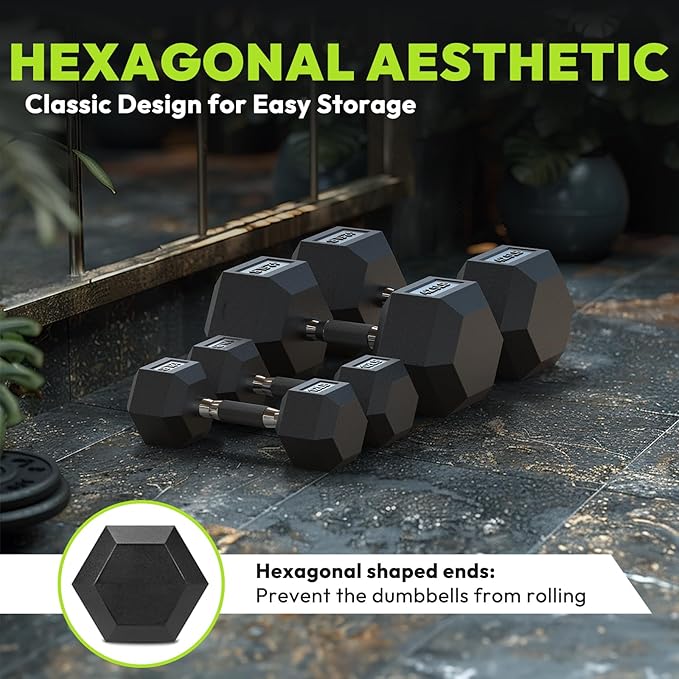 Hex Dumbbell 40-125 lb, Rubber Encased Exercise & Fitness Dumbbells, Hand Weight for Strength Training
