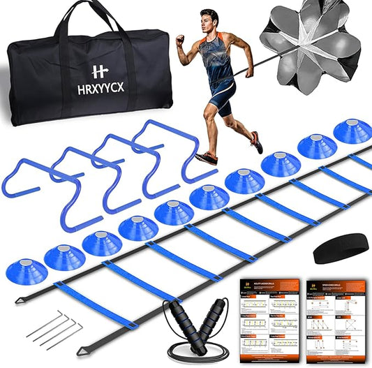 Agility Ladder Speed Training Equipment Set-20ft Agility Ladder 4 Adjustable Hurdles Running Parachute Jump Rope Speed Training Equipment for Soccer Football Basketball