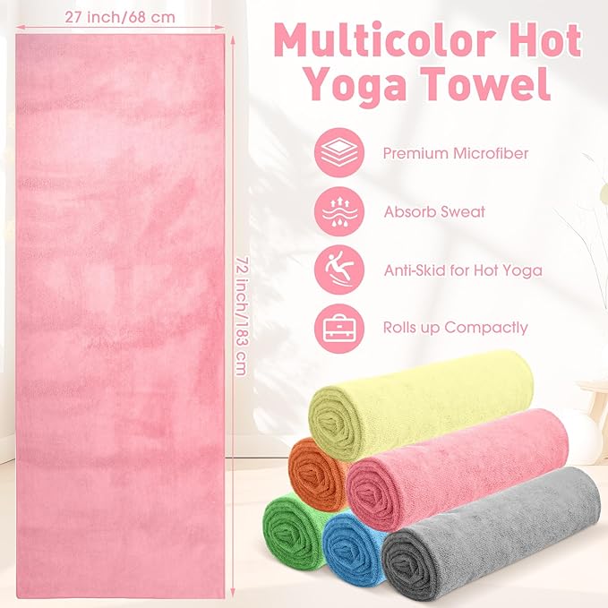 Breling 6 Pcs Hot Yoga Towels Bulk Non Slip Microfiber Anti Slip Absorbent Multicolor Wicking Pilates Yoga Mat Towel for Women Men Pilates, 27" x 72" (Multicolor)