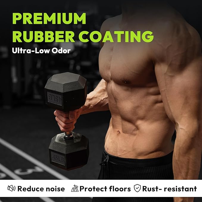 Hex Dumbbell 45-480 lb Set, Rubber Encased Exercise & Fitness Dumbbells for Home Gym, Hand Weights for Strength Training