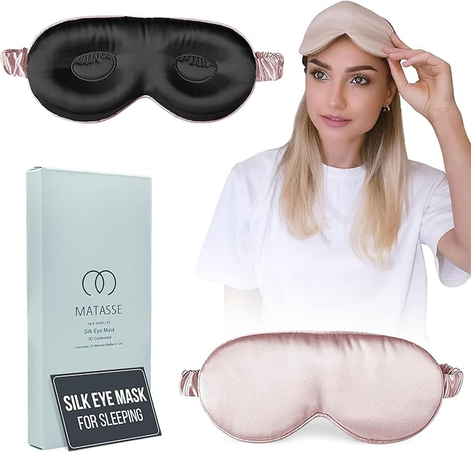 MATASSE Silk Eye Mask for Sleeping with Adjustable Elastic Band - 3D Contoured, Eye Cover Sleep Mask w/Genuine Mulberry Silk Including The Strap for Women, Men (Pink/Black)