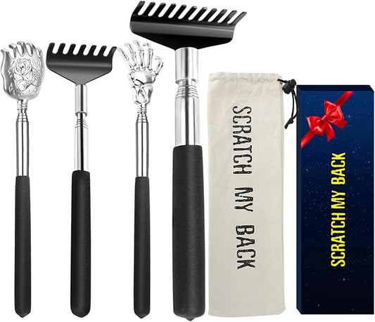 Oversized Back Scratcher Gift Set, 4 Pack Portable Extendable Stainless Steel Telescoping Massage Tool, Gift/Stocking Stuffers for Men Women