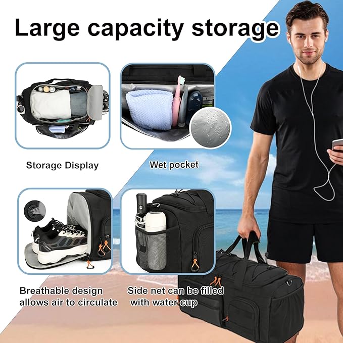 Searock 40L Gym Bag for Men, 3 In 1 Duffle Bag Backpack for Travel, Sports Duffel Bags for Gym Camping, Weekender Overnight Bag with Shoe Compartment, Black
