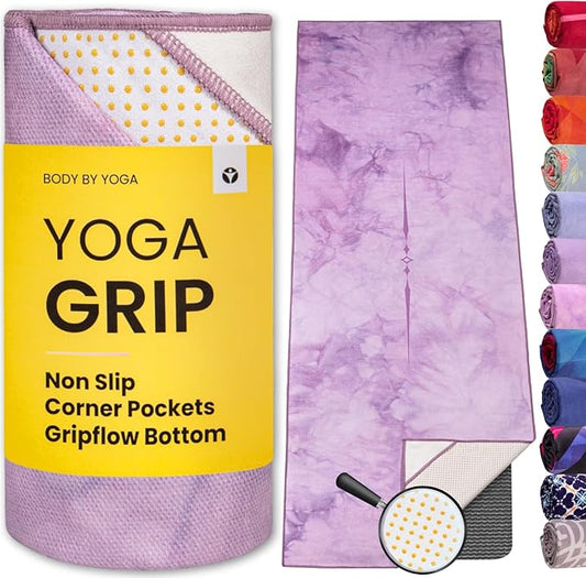 Yoga Grip Yoga Towel - Non Slip Hot Yoga Mat Towel With Corner Pockets, No-Skid Grip, and Built-in Alignment Lines | Soft, Moisture Wicking, and Sweat Absorbent | No Bunching, Stays in Place 72" x 25"
