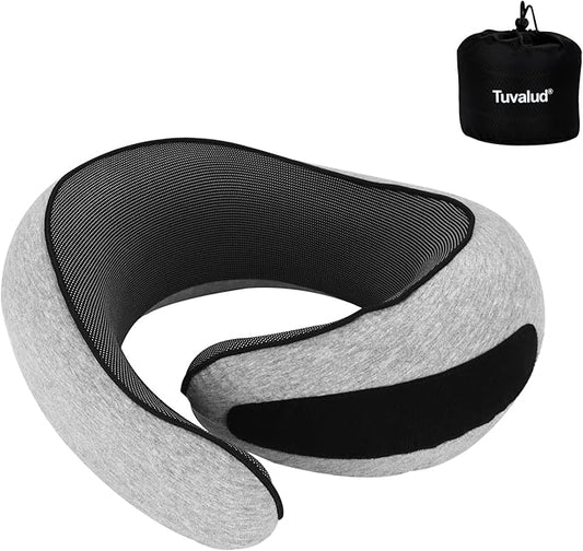 Travel Neck Pillows for Airplanes Memory Foam with Cotton Fabric - Customizable Tightness, Easy to Carry & Machine Washable Cover (Light Gray)
