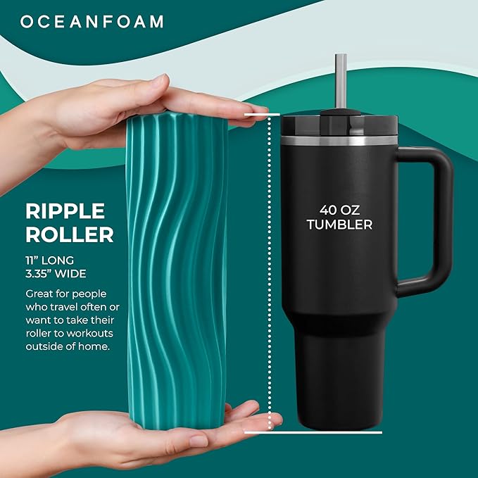 Oceanfoam Ripple Travel Foam Roller (11" x 3.35") Firm Mini Foam Roller for Physical Therapy, Deep Tissue Massage, Back Pain - High Density, Ergonomic Wave Textured - Yoga, Pilates, Exercise (Jade)