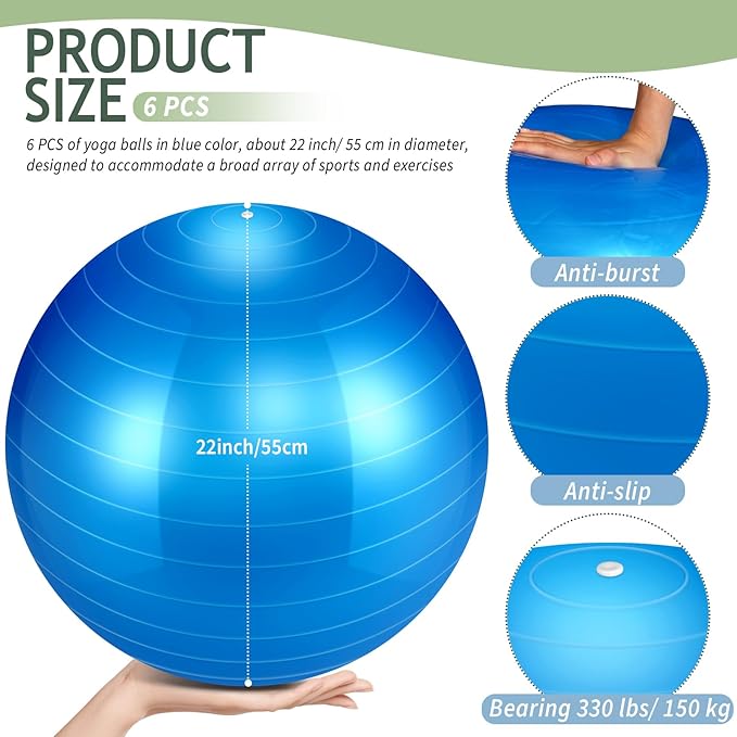 Hungdao 6 Pack Exercise Ball Bulk Inflatable Pregnancy & Workout Ball 22 Inch Heavy Duty Pilates Ball for Yoga Stretching Therapy Balance Physical Fitness