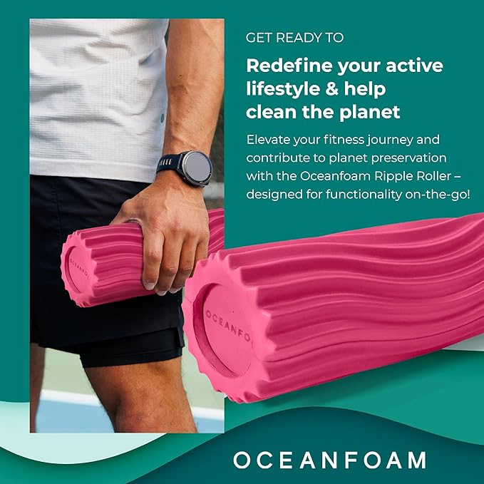 Oceanfoam Ripple Travel Foam Roller (11" x 3.35") Firm Mini Foam Roller for Physical Therapy, Deep Tissue Massage, Back Pain - High Density, Ergonomic Wave Textured, Yoga, Pilates, Exercise (Hot Pink)