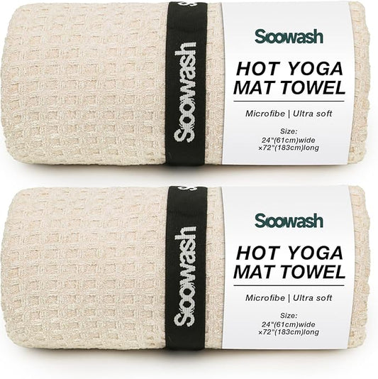 2 Pack Hot Yoga Towel, Yoga Mat Towels Non Slip for Hot Yoga with Strap, Microfiber Yoga Accessories, Soft Absorbent Quick Dry, Pilates Exercise Fitness 24" X 72"Beige