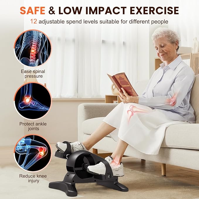 Mini Under Desk Exercise Bike Pedal Exerciser, Motorized Setting Bike Pedal Exerciser Leg/Arm Cycle for Senior, Physical Therapy, with 12 Adjustable Speed, LCD Display, Remote Control