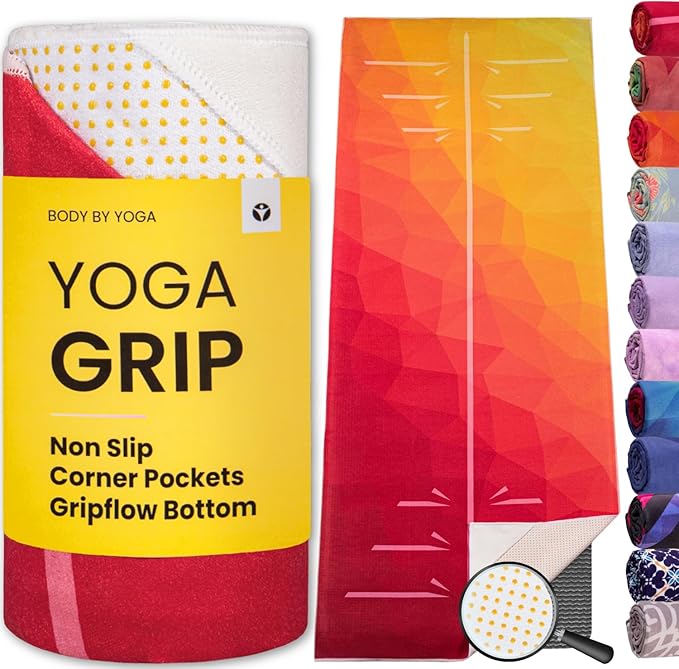 Yoga Grip Yoga Towel - Non Slip Hot Yoga Mat Towel With Corner Pockets, No-Skid Grip, and Built-in Alignment Lines | Soft, Moisture Wicking, and Sweat Absorbent | No Bunching, Stays in Place 72" x 25"