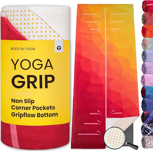 Yoga Grip Yoga Towel - Non Slip Hot Yoga Mat Towel With Corner Pockets, No-Skid Grip, and Built-in Alignment Lines | Soft, Moisture Wicking, and Sweat Absorbent | No Bunching, Stays in Place 72" x 25"