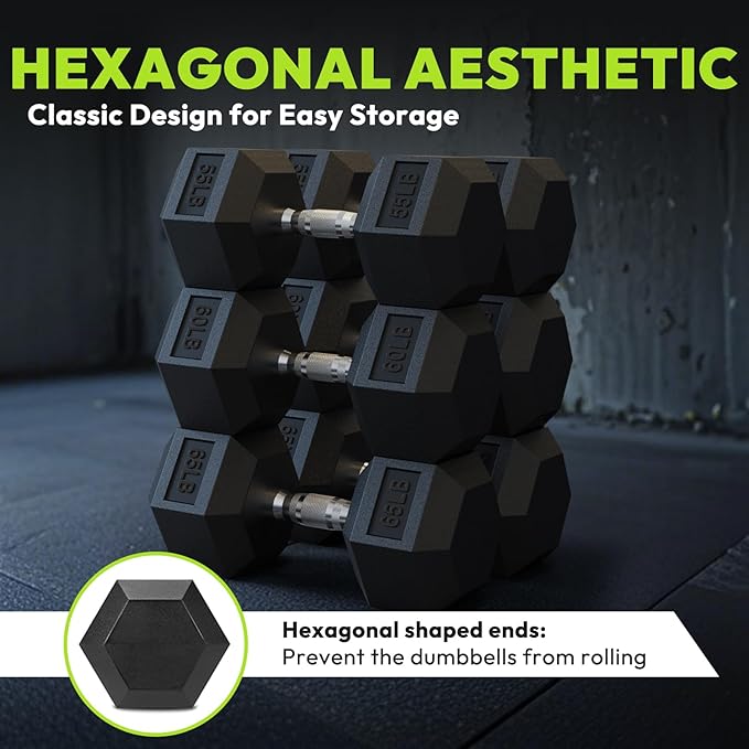 Hex Dumbbell 45-480 lb Set, Rubber Encased Exercise & Fitness Dumbbells for Home Gym, Hand Weights for Strength Training