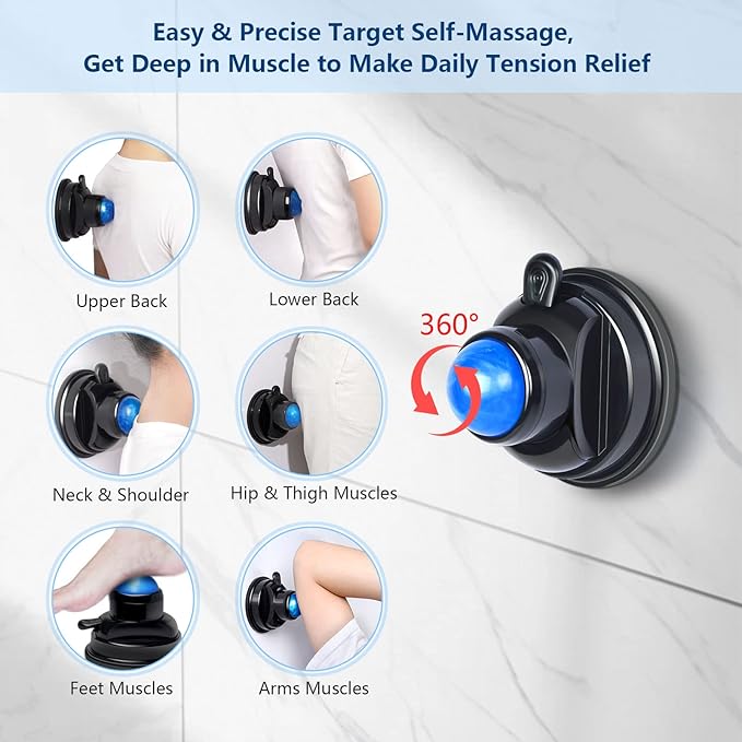 Massage Ball, Mountable Muscle Massage Roller for Pain Relief, Suction Cup Self Back Massager Roller and Trigger Point Massager to Relieve Muscle Knots, Hands-Free - 2 Balls