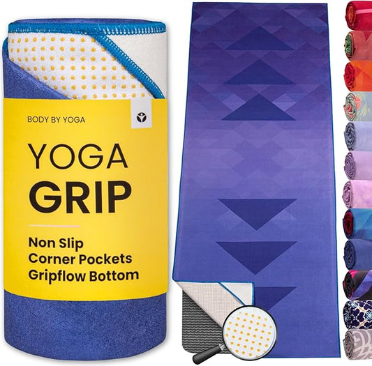 Yoga Grip Yoga Towel - Non Slip Hot Yoga Mat Towel With Corner Pockets, No-Skid Grip, and Built-in Alignment Lines | Soft, Moisture Wicking, and Sweat Absorbent | No Bunching, Stays in Place 72" x 25"