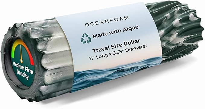 Oceanfoam Ripple Travel Foam Roller (11" x 3.35") Firm Mini Foam Roller for Physical Therapy, Deep Tissue Massage, Back Pain - High Density, Ergonomic Wave Textured - Yoga, Exercise (Hunter Marbled)