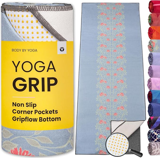 Yoga Grip Yoga Towel - Non Slip Hot Yoga Mat Towel With Corner Pockets, No-Skid Grip, and Built-in Alignment Lines | Soft, Moisture Wicking, and Sweat Absorbent | No Bunching, Stays in Place 72" x 25"