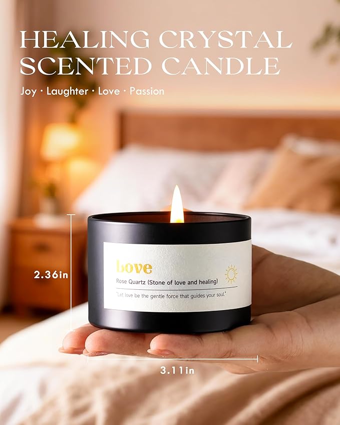 AOOVOO Crystal Energy Candles Set for Women - 4 Pack 26 oz Soy Wax Candles for Home Scented, 200 Hour Long Lasting Candle, Laughter Ruby Quartz/Love Rose Quartz/Joy Citrine/Passion Carnelian