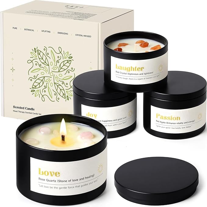 AOOVOO Crystal Energy Candles Set for Women - 4 Pack 26 oz Soy Wax Candles for Home Scented, 200 Hour Long Lasting Candle, Laughter Ruby Quartz/Love Rose Quartz/Joy Citrine/Passion Carnelian