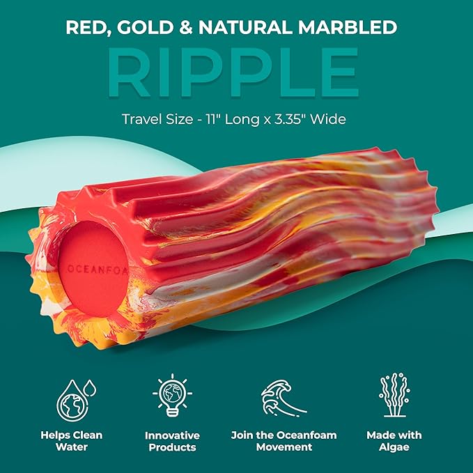 Oceanfoam Ripple Travel Foam Roller (11" x 3.35") Firm Mini Foam Roller for Physical Therapy, Deep Tissue Massage, Back Pain - High Density, Wave Textured, Yoga, Exercise (Red, Gold & Natural Marbled)