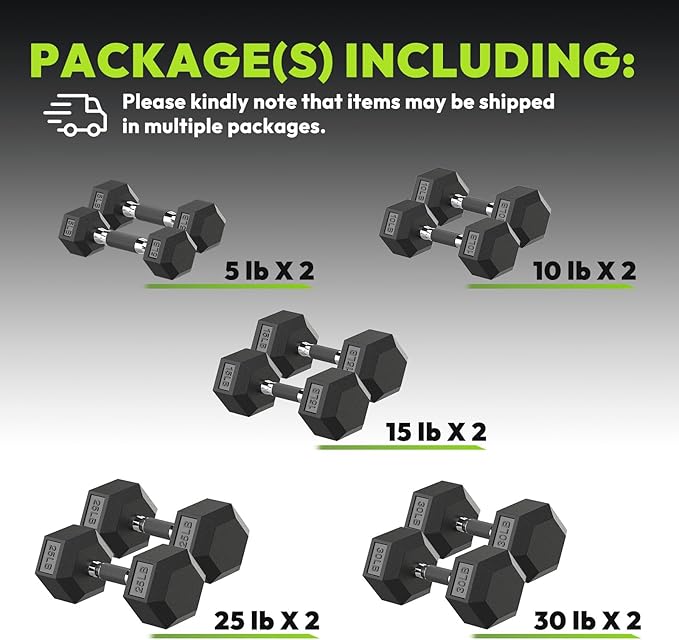 Hex Rubber Dumbbell Set, Non-Slip Handle Design for Secure & Comfortable Grip, Hand Weights for Strength Training and Home Gym / 170 LB (Pair of 5, 10, 15, 25, 30 lb)