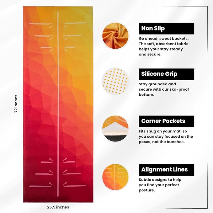 Yoga Grip Yoga Towel - Non Slip Hot Yoga Mat Towel With Corner Pockets, No-Skid Grip, and Built-in Alignment Lines | Soft, Moisture Wicking, and Sweat Absorbent | No Bunching, Stays in Place 72" x 25"