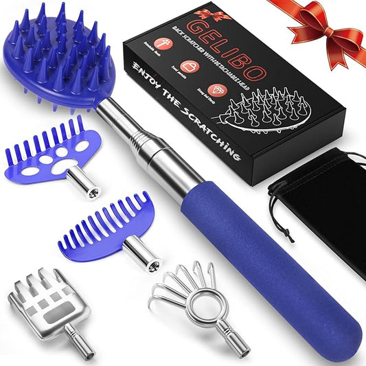 Gelibo Telescoping Back Scratcher with 5Pcs Detachable Heads,Fathers Day Dad Gifts from Wife Daughter Son,Mens Gifts,Husband, Extendable Back Massager Tool with Beautiful Box - Blue