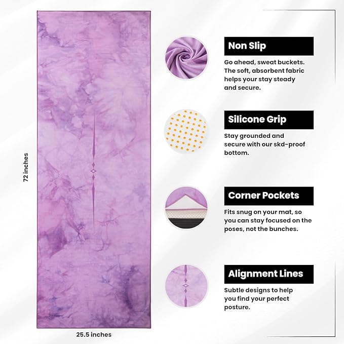 Yoga Grip Yoga Towel - Non Slip Hot Yoga Mat Towel With Corner Pockets, No-Skid Grip, and Built-in Alignment Lines | Soft, Moisture Wicking, and Sweat Absorbent | No Bunching, Stays in Place 72" x 25"