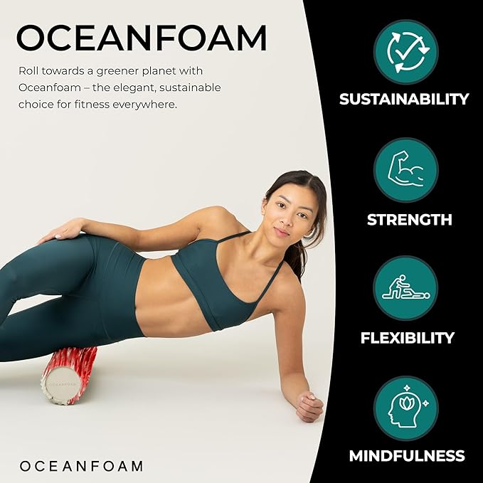 Oceanfoam Tidal Roller - Red Marbled - Muscle Massage Foam Roller for Back Pain & Stretching - Firm and Ergonomic Wide Wave Textured - Yoga, Athletics, & Wellness - Full Size, 20" x 5"