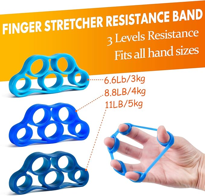 Grip Strength Trainer 7 Pack Adjustable, Finger Stretcher Resistance Extensor Bands, Finger Exerciser, Hand Gripper Strength Ring & Stress Ball