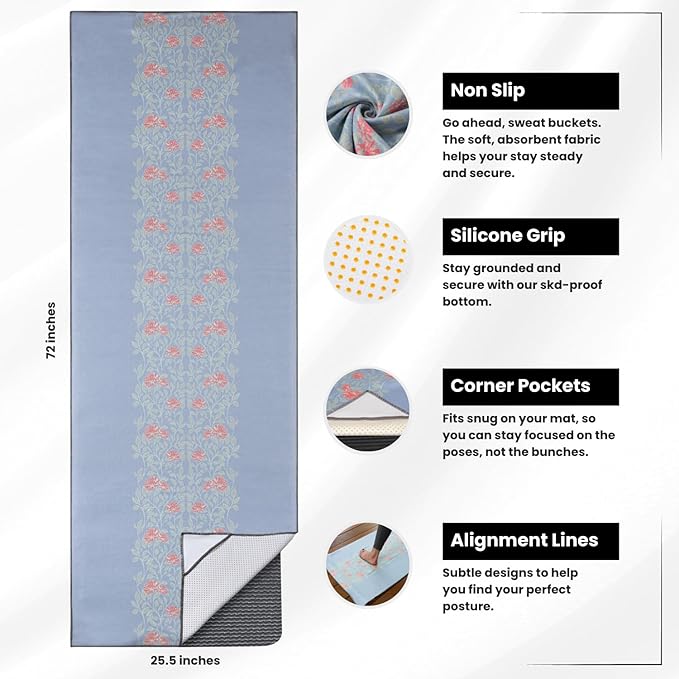 Yoga Grip Yoga Towel - Non Slip Hot Yoga Mat Towel With Corner Pockets, No-Skid Grip, and Built-in Alignment Lines | Soft, Moisture Wicking, and Sweat Absorbent | No Bunching, Stays in Place 72" x 25"