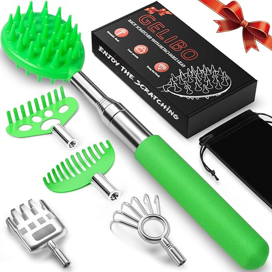 Gelibo Telescoping Back Scratcher with 5Pcs Detachable Heads,Fathers Day Dad Gifts from Wife Daughter Son,Mens Gifts,Husband, Extendable Back Massager Tool with Beautiful Box - Green