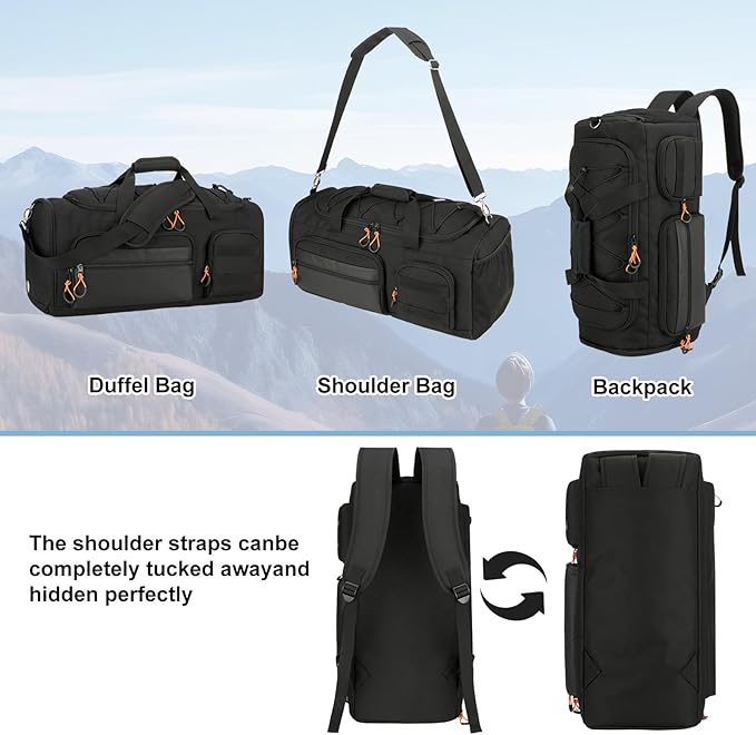 Searock 40L Gym Bag for Men, 3 In 1 Duffle Bag Backpack for Travel, Sports Duffel Bags for Gym Camping, Weekender Overnight Bag with Shoe Compartment, Black