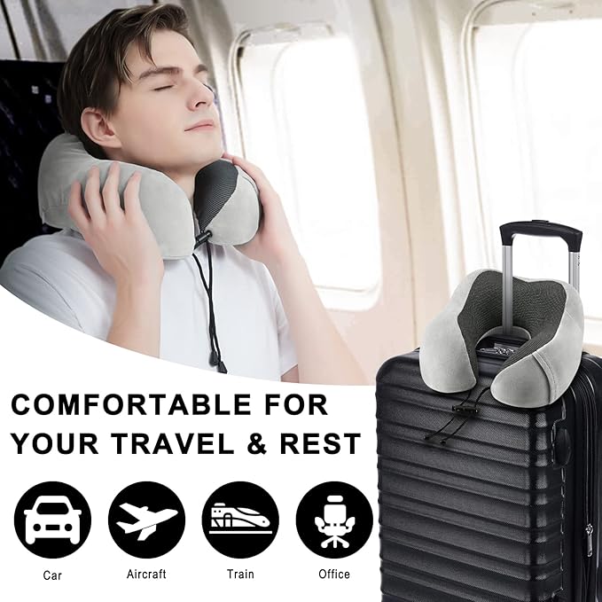 Travel Pillow for Airplane-3 Pack Memory Foam Neck Pillows, Soft Support Travel Essentials for Travelling, Sleeping Rest, Car, Train and Home Use(Grey&Black&Blue)