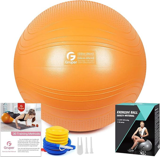 Gruper Yoga Ball, 18-30 Inch Extra Thick Exercise Ball for Workout Fitness Balance, Anti Burst Chair for Home and Office Desk, Includes Hand Pump & Workout Guide Access