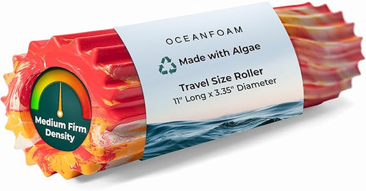 Oceanfoam Ripple Travel Foam Roller (11" x 3.35") Firm Mini Foam Roller for Physical Therapy, Deep Tissue Massage, Back Pain - High Density, Wave Textured, Yoga, Exercise (Red, Gold & Natural Marbled)