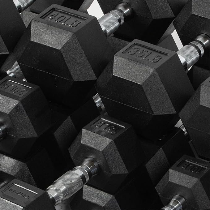 Titan Fitness Rubber Hex Dumbbells, 5 LB-50 LB Set of Pairs, Roll-Resistant Hexagonal Free Weights, Hex Dumbbell Set with Chrome-Coated Handles, Free Weight Set, Strength Training Equipment