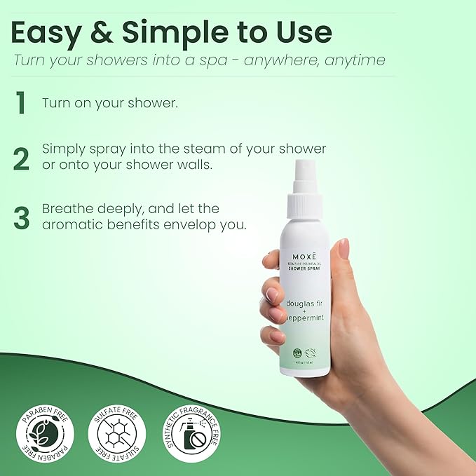 MOXE Aromatherapy Shower Spray - Douglas Fir & Peppermint, 100% Essential Oils, Made in USA, Aromatherapy, Sinus Congestion Relief, Respiratory Support, 4 Oz (1 Pack)