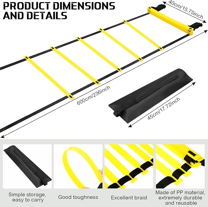 2 Pieces Agility Ladder 20 Feet Adjustable Rungs Speed Training Exercise Ladders with Carry Bag for Kids and Adults Soccer Football Boxing Footwork Sports Speed Agility Training
