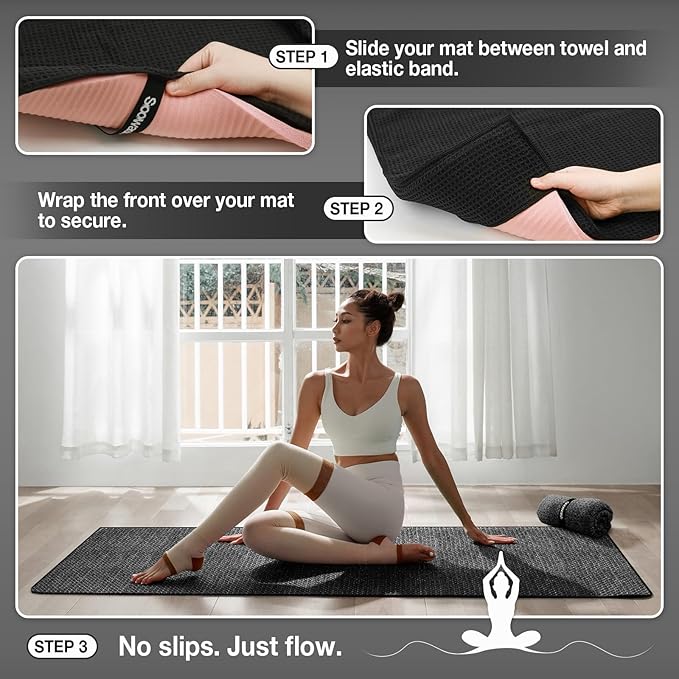 2 Pack Hot Yoga Towel, Yoga Mat Towels Non Slip for Hot Yoga with Strap, Microfiber Yoga Accessories, Soft Absorbent Quick Dry, Pilates Exercise Fitness 28" X 72"Black
