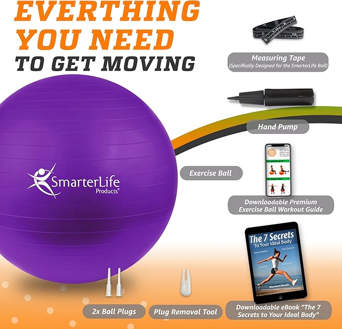SmarterLife Exercise Ball Yoga Ball for Fitness, Balance, Stability, or Pregnancy, Gym Ball for Core Workout, Physical Therapy, Yoga Ball Chair for Office, Anti-Slip Anti-Burst
